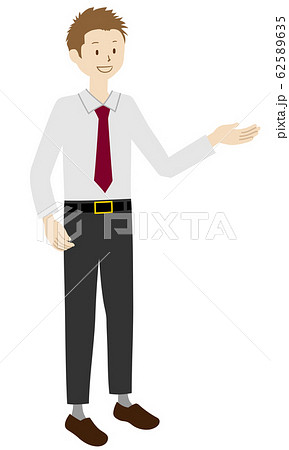 男性 会社員 の立ち姿のイラスト 案内のポーズ のイラスト素材