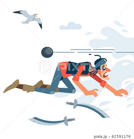 The robber pirate in the red shirt got scared of the Royal Navy cannon ball. Vector illustration of flat cartoon on white background. 62591176