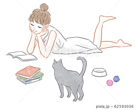 寝そべって本を読む女の子と猫のイラスト素材