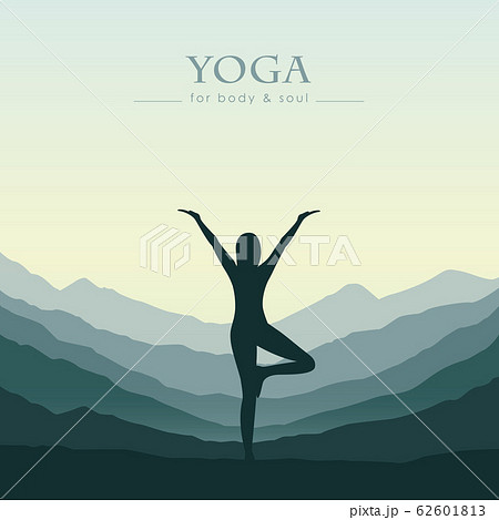 girl makes yoga on green mountain landscape 62601813