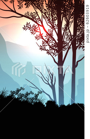 Natural forest trees mountains horizon hills silhouettes of trees and hills in the evening Sunrise and sunset Landscape wallpaper Illustration vector style Colorful view background 62603919