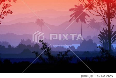 Natural forest trees mountains horizon hills silhouettes of trees and hills in the evening Sunrise and sunset Landscape wallpaper Illustration vector style Colorful view background 62603925