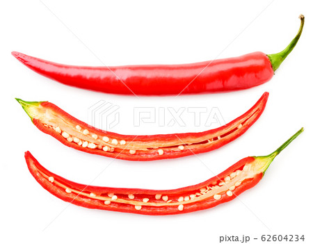 Hot red pepper and two halves on a white 62604234