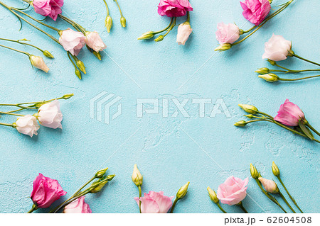 Frame of colorful flowers. Blue background. Top view. Copy space. 62604508