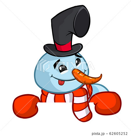 Cartoon snowman with scarf and woolen cap holding 62605252