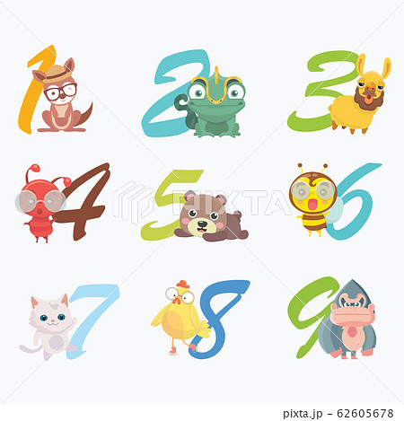 Set of funny numbers with cartoon animals. 62605678