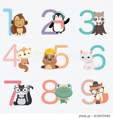 Set Of Funny Numbers With Cartoon Animals のイラスト素材