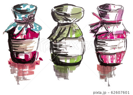 Set of three glass jar with jam, hand drawn marker Set of three glass jar with jam, hand drawn marker 62607601