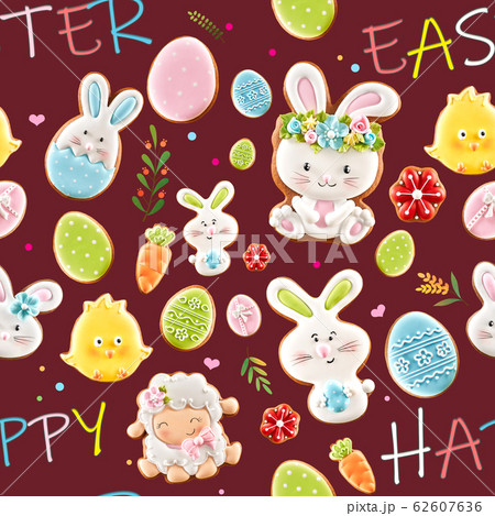 Easter ginger cookies on dark red background. 62607636