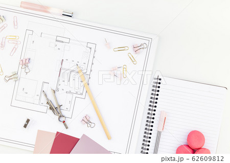 Interior designer table workplace with house plan 62609812