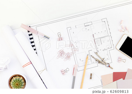 Interior designer table workplace with house plan 62609813