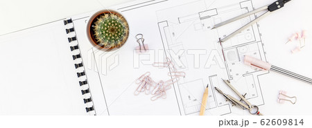 Interior designer table workplace with house plan 62609814