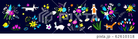 Easter decorative elements. Spring art print with botanical elements. Banner design. Big collection of flowers, leaves, bunny, bear, fox, and animals. Floral poster. Flower bouquets. 62610318