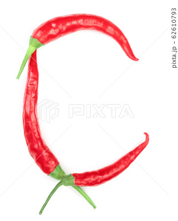 red hot chili peppers isolated on white background. Letter C. Top view. Flat lay pattern red hot chili peppers isolated on white background. Letter C. Top view. Flat lay pattern 62610793