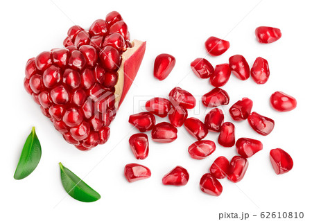 Pomegranate pieces isolated on white background with clipping path and full depth of field. Top view. Flat lay. Pomegranate pieces isolated on white background with clipping path and full depth of field. Top view. Flat lay. 62610810
