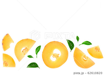Fresh Pepino fruit slices with leaves isolated on white background. Top view, flat lay 62610820