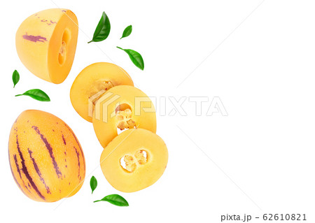 Fresh Pepino fruit with leaves isolated on white background. Top view, flat lay 62610821