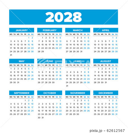 Simple Vector Calendar 2028. Weeks start on Monday - Stock Illustration  [62612567] - PIXTA