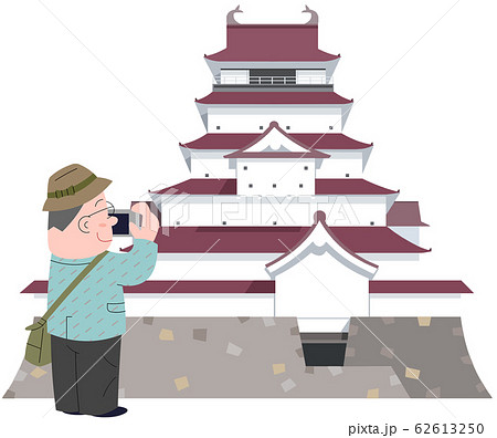 鶴ヶ城とシニアカメラマンのイラスト素材
