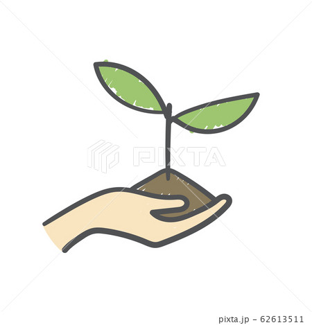 Human hand holding seedling in soil. Hand-drawn on white background. 62613511