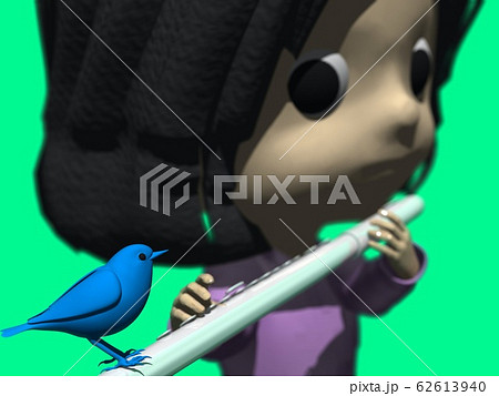 楽器を弾く少女・フルートと小鳥 62613940