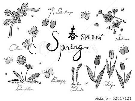 線画 単色 白黒 モノクロ グレー 春セット 春 Spring 春素材 春集合 ベクター セット のイラスト素材