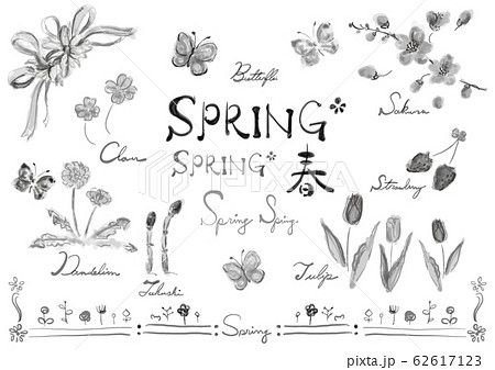 線画 白黒 モノクロ 単色 春セット 春 Spring 春素材 春集合 ベクター セット 集合のイラスト素材