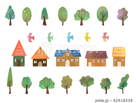木と家と鳥 水彩テクスチャイラストセットのイラスト素材