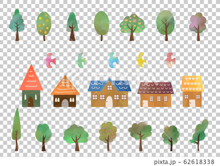木と家と鳥 水彩テクスチャイラストセットのイラスト素材