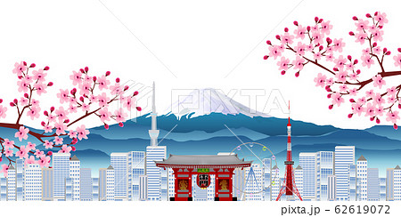 桜 富士山 東京 背景のイラスト素材