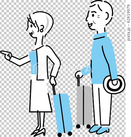 シニア夫婦 キャリーバック 旅行 指差し横向き 下白のイラスト素材