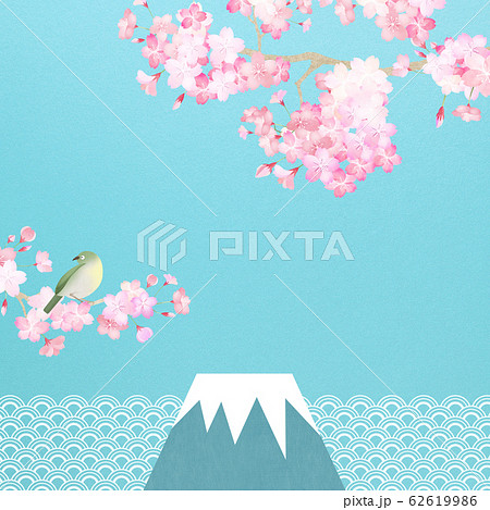 背景-和-和紙-和風-和柄-春-桜-枝-青空-富士山-メジロ-波 62619986