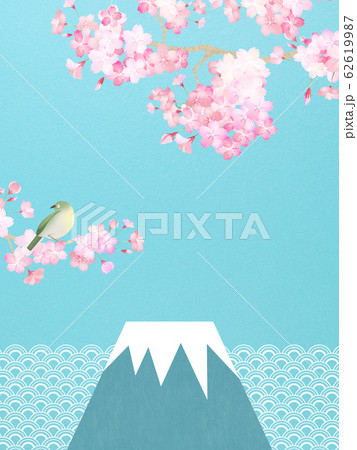 背景-和-和紙-和風-和柄-春-桜-枝-青空-富士山-メジロ-波 62619987