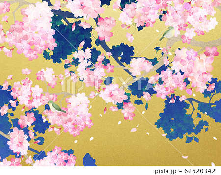 背景 和 和紙 和風 和柄 春 桜 枝 金箔 メジロのイラスト素材
