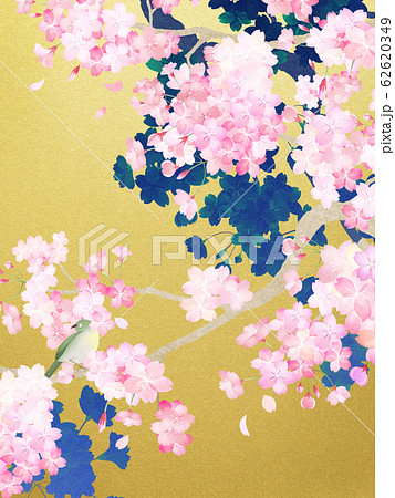 背景 和 和紙 和風 和柄 春 桜 枝 金箔 メジロのイラスト素材