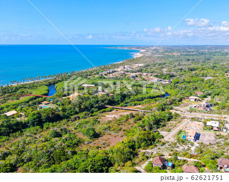 Aerial view of Praia Do Forte coastline town with blue ocean, Bahia, Brazil. 62621751
