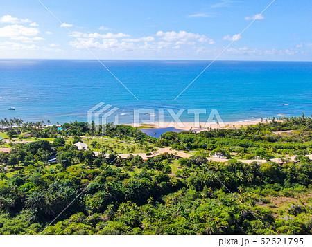 Aerial view of Praia Do Forte coastline town with blue ocean, Bahia, Brazil. 62621795