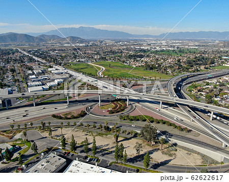 Aerial view of highway interchange and junction in Riverside, California. Aerial view of highway interchange and junction in Riverside, California. 62622617