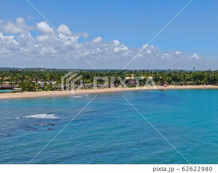 Aerial view of tropical white sand beach, palm trees and turquoise clear sea water in Praia do Forte Aerial view of tropical white sand beach, palm trees and turquoise clear sea water in Praia do Forte 62622980