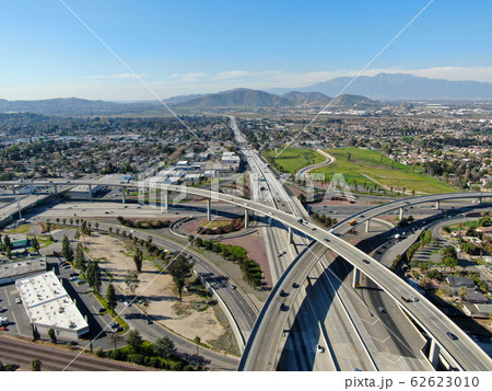 Aerial view of highway interchange and junction in Riverside, California. 62623010