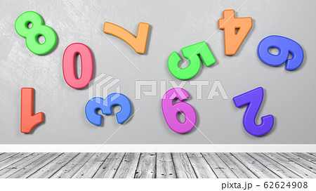 3D Colorful Numbers Against Wall in a Wooden Floor Room 62624908