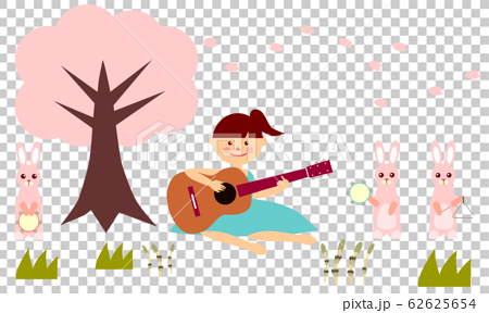 満開の桜の下でピクニック ギターを弾く女の子とうさぎ達のイラスト素材