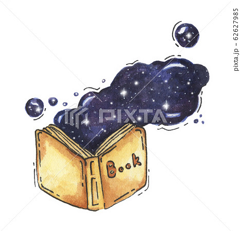an open yellow book with space cosmic clouds out of it. 62627985