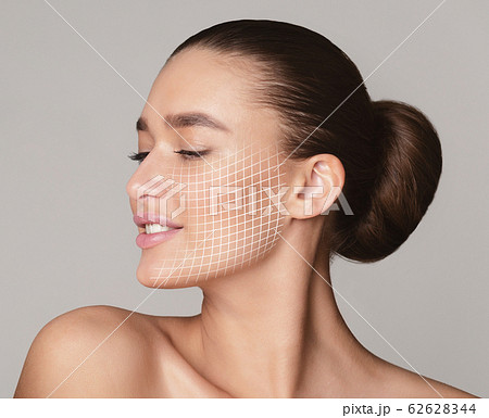 Woman portrait with graphic lines, facial lifting effect on skin Woman portrait with graphic lines, facial lifting effect on skin 62628344