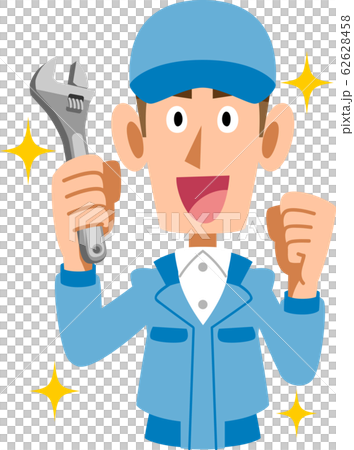 レンチを持つ青い作業着の男性 62628458