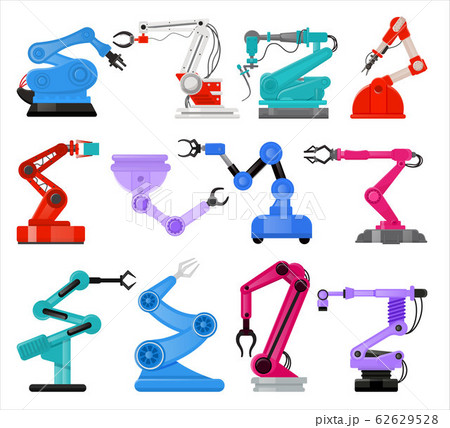 Robot manipulators hands in flat style. Automatic robotic hands or industrial robot arms isolated on white background. Vector illustration. Factory robotic hands 62629528