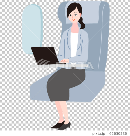 新幹線 飛行機で仕事するスーツ姿の女性のイラスト素材