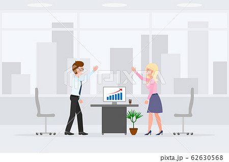 Happy man and woman indoor interior, working place vector illustration. Workers giving high five, successful report, smiling, hands up male and female cartoon character set on cityscape background 62630568
