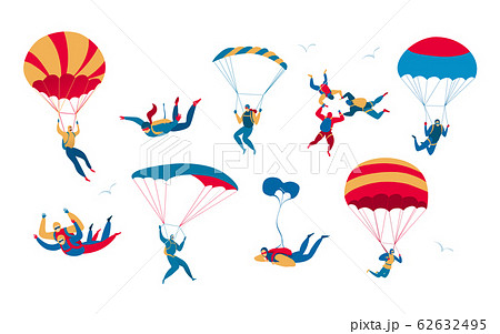 People skydiving and jumping with parachute, extreme sport set, isolated on white, vector illustration People skydiving and jumping with parachute, extreme sport set, isolated on white, vector illustration 62632495