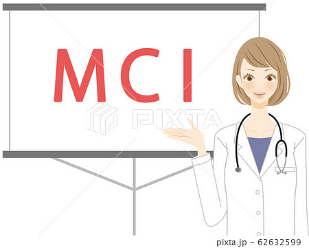 Mci 軽度認知障害を説明する医師 相談 スライドと女性のイラストのイラスト素材